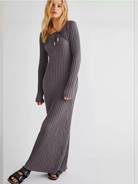 Free People Walk About Ribbed Long Sleeve Maxi Dress